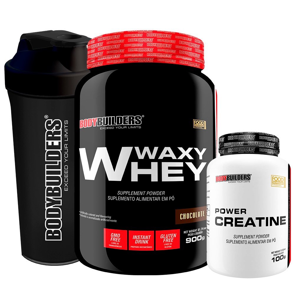 Kit Whey Protein Waxy Whey 900g, Power Creatina 100g, Coqueteleira – BodyBuilders Kit para aumento de massa muscular